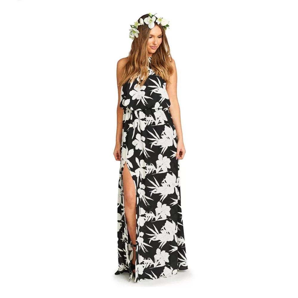 Show Me Your Mumu Heather Halter Maxi Dress LILY COLLINS Black White Floral 🌺🖤